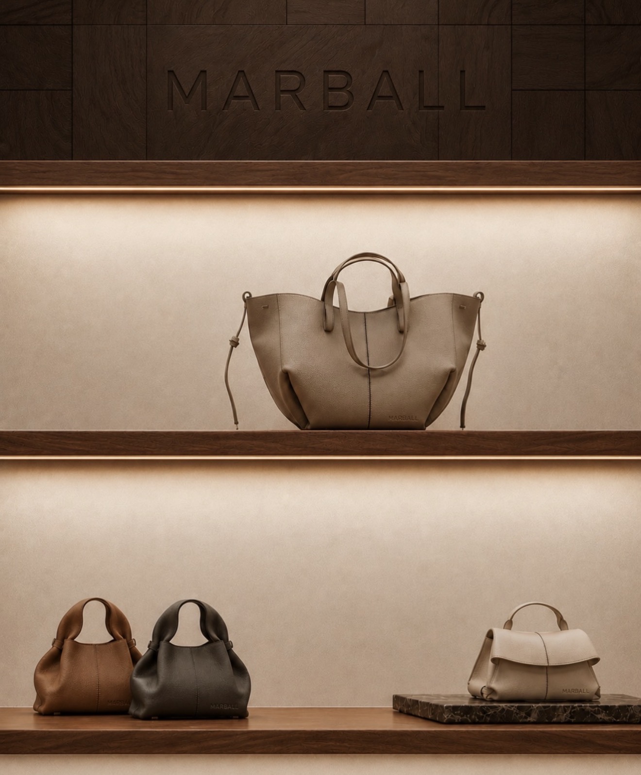 Carteras MARBALL en una exhibición de madera con iluminación cálida